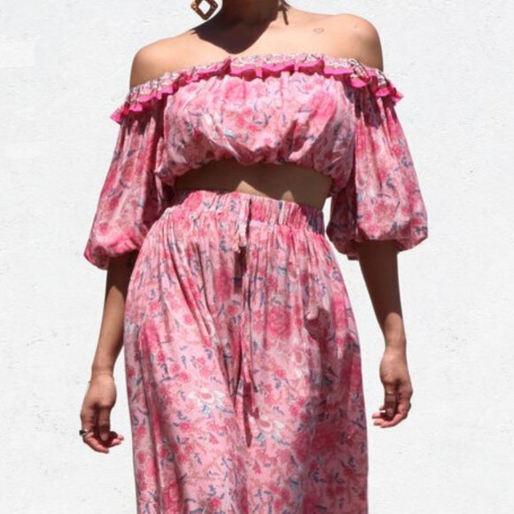 Boho Gypsy Peasant Off Shoulder Ruffle Crop Top Flared Maxi Skirt 2 Piece Set - Picture 6 of 7